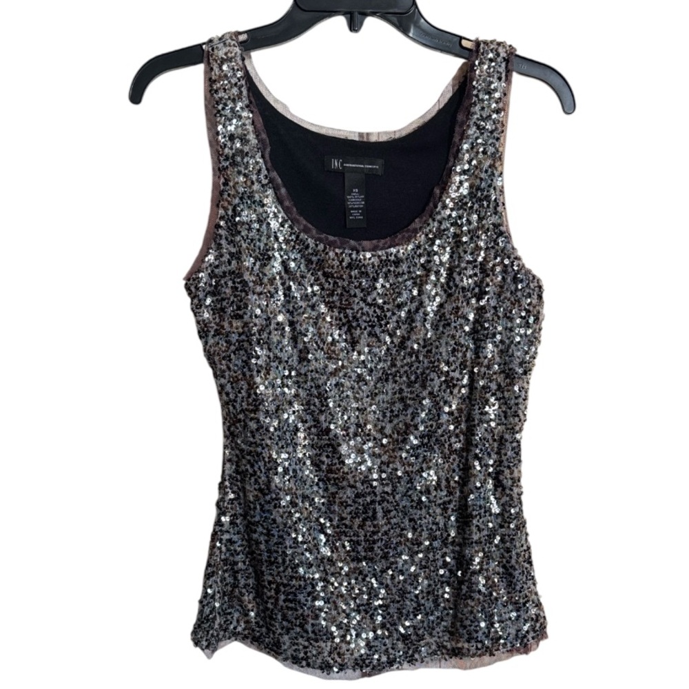INC International Concepts Top Sequins Brown Net Trim Edging Vintage Y2K Size XS